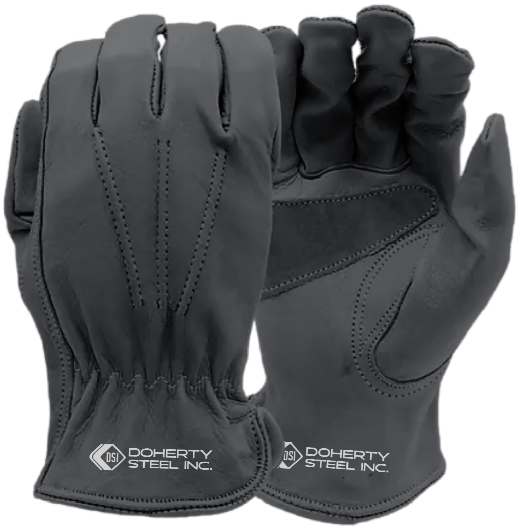 Pair of black work gloves made of leather with reinforced palms and fingers, branded with Doherty Steel Inc.