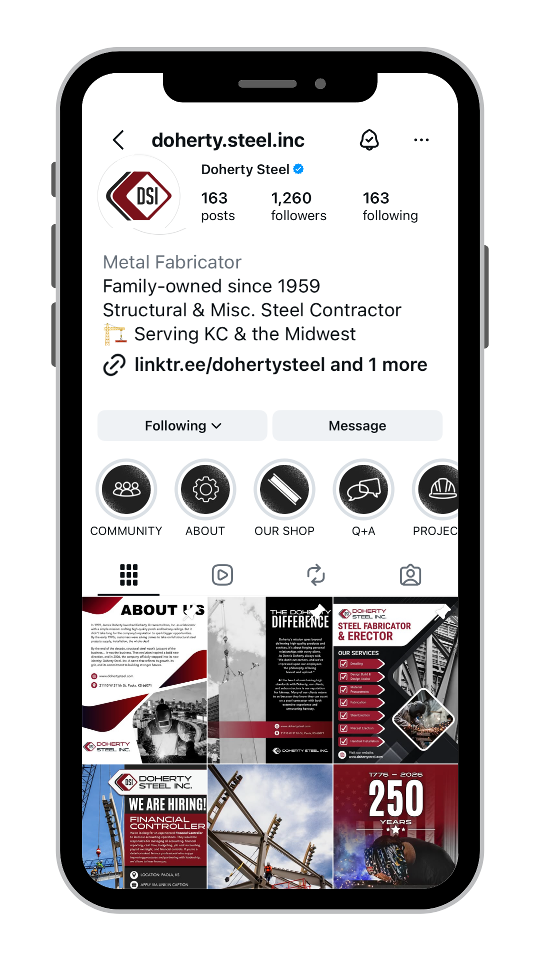 Mobile phone displaying Doherty Steel's social media profile with company info and project images.