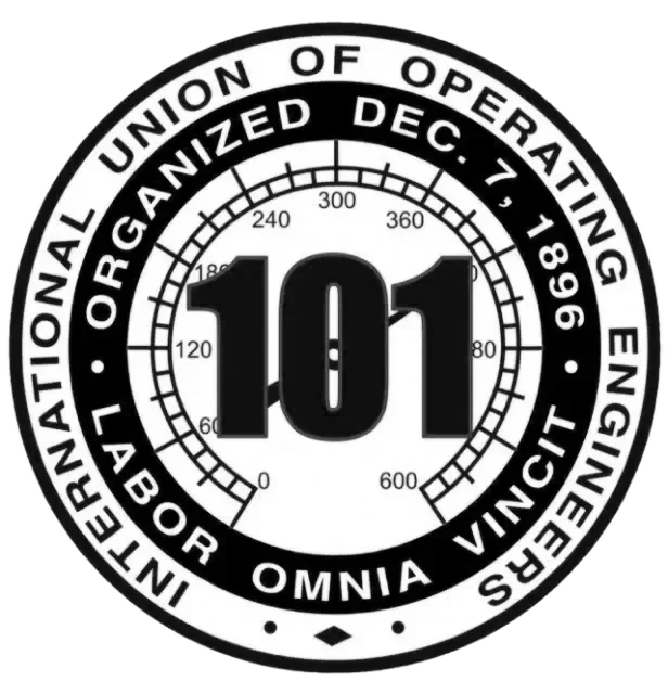 Circular emblem of the International Union of Operating Engineers featuring a large number '101' at the center, with black and white design elements and text indicating the organization's founding date of December 7, 1896.