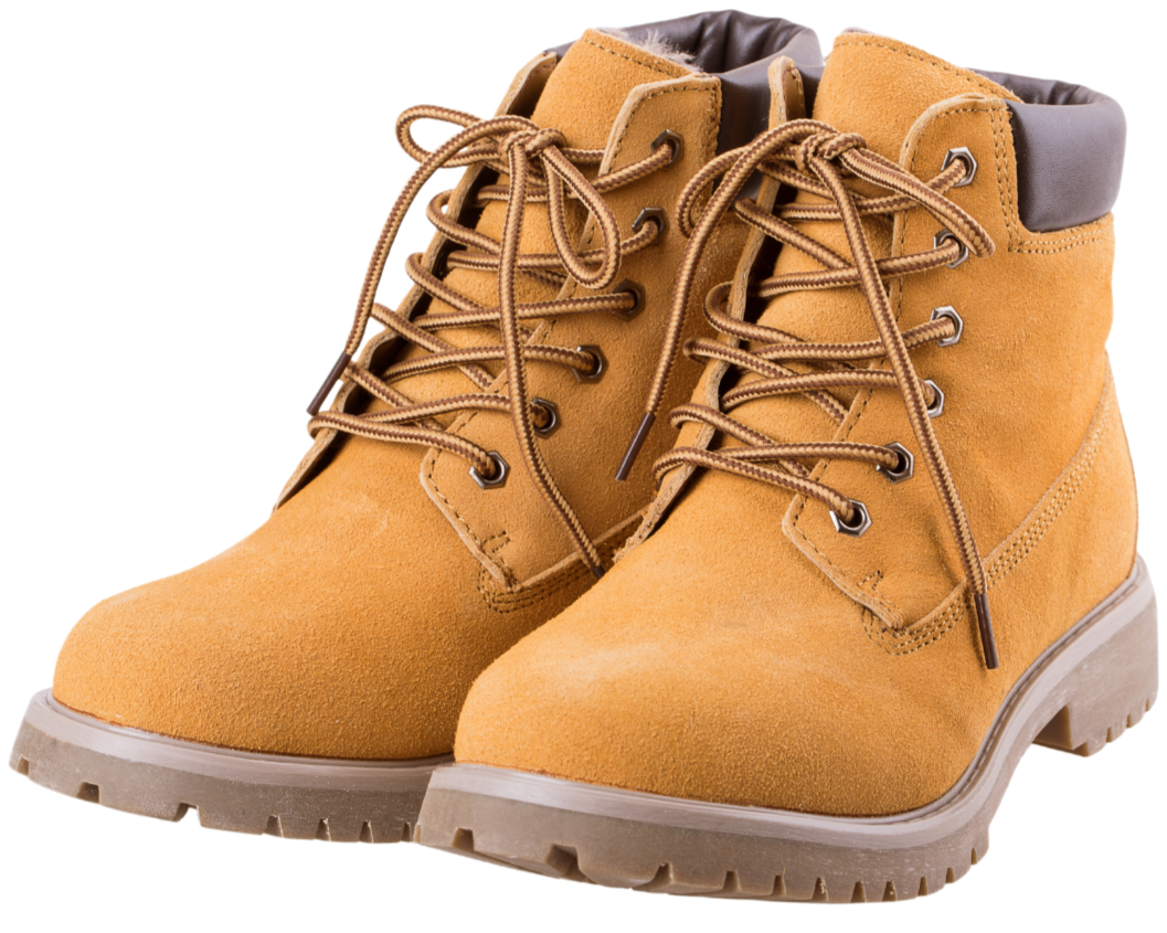 A pair of tan work boots with thick rubber soles and dark brown padded collars
