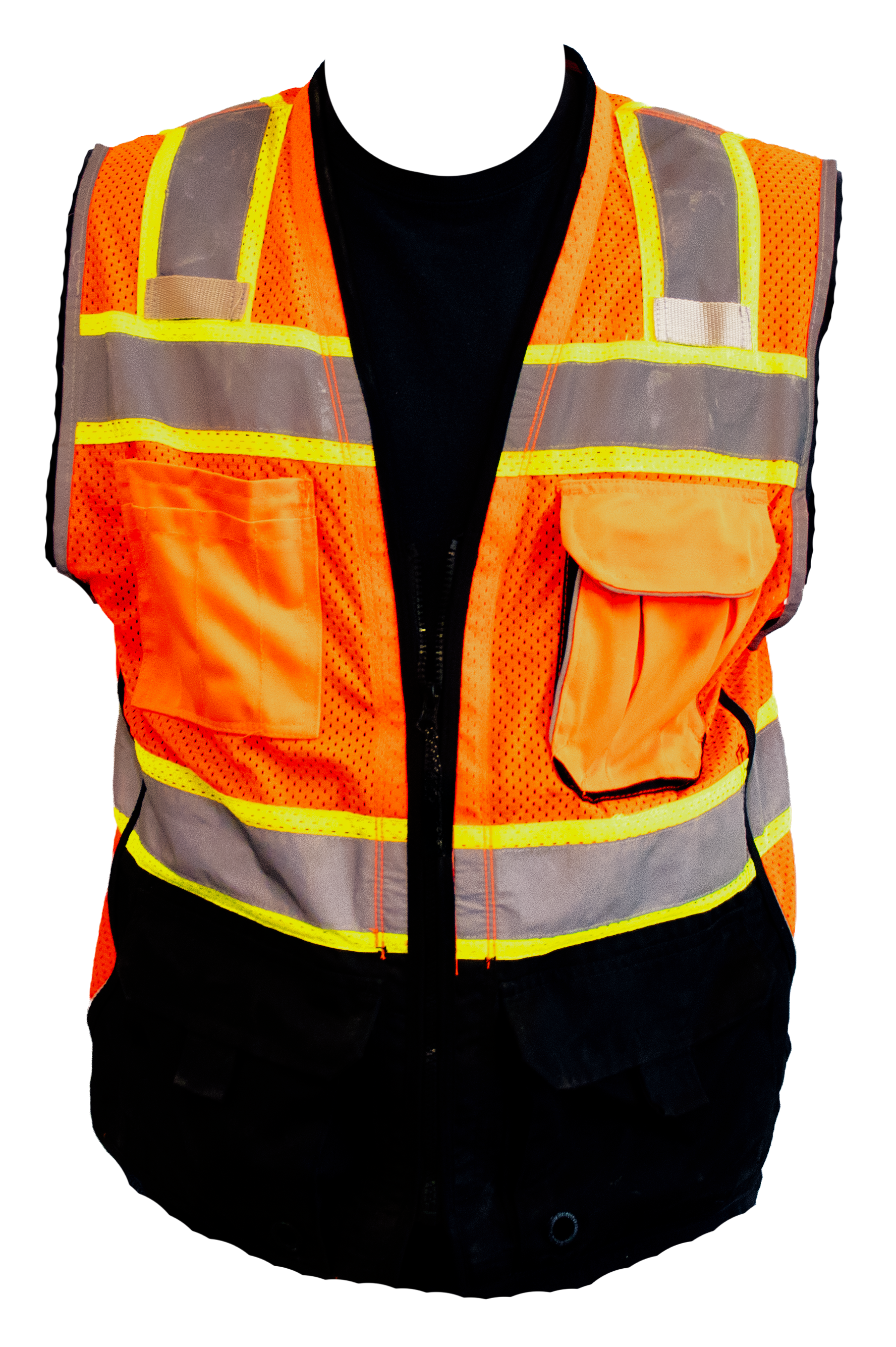 A high-visibility orange safety vest with reflective stripes, worn over a black shirt and black pants.