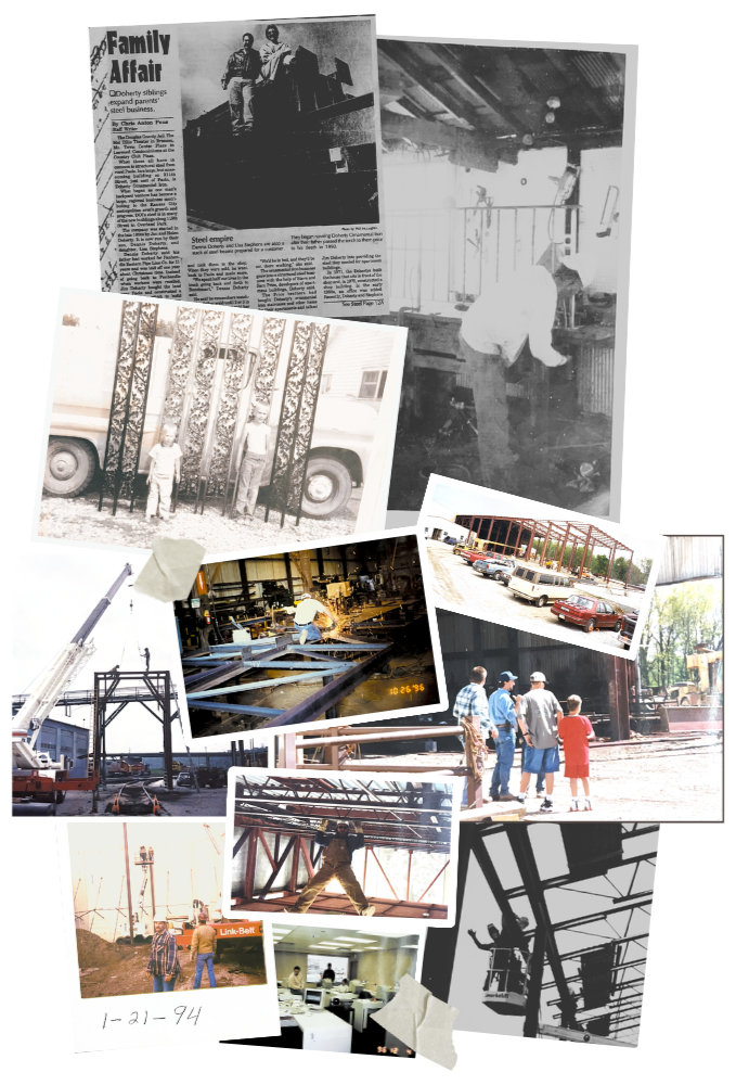 A collage of black and white and color photos depicting construction and industrial scenes, including workers on scaffolding, a crane lifting beams, a group of people at a construction site, cars parked near a building, and a newspaper article about a family affair related to construction family members.