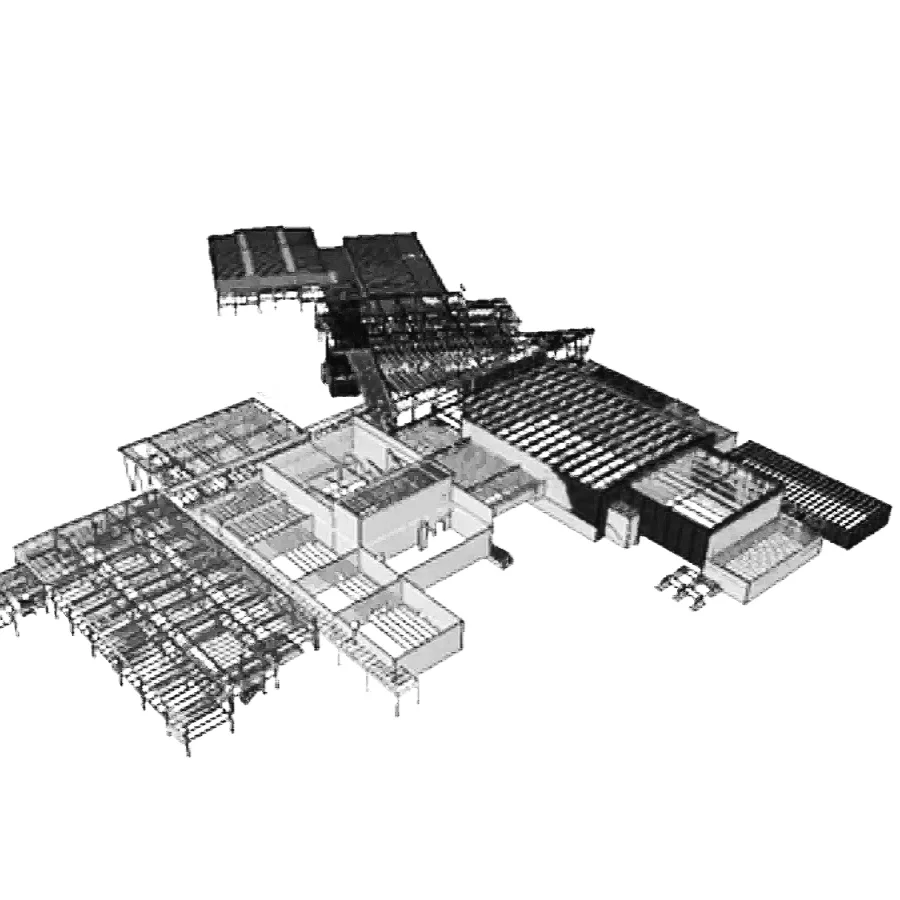 A 3D architectural floor plan of a large building with multiple sections and rooms, depicted in grayscale.