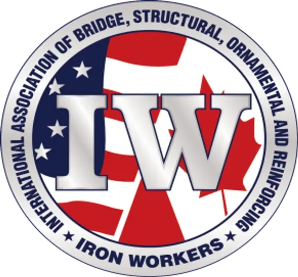 Logo of the International Association of Bridge, Structural, Ornamental, and Reinforcing Iron Workers, featuring a stylized American flag and the initials I W.