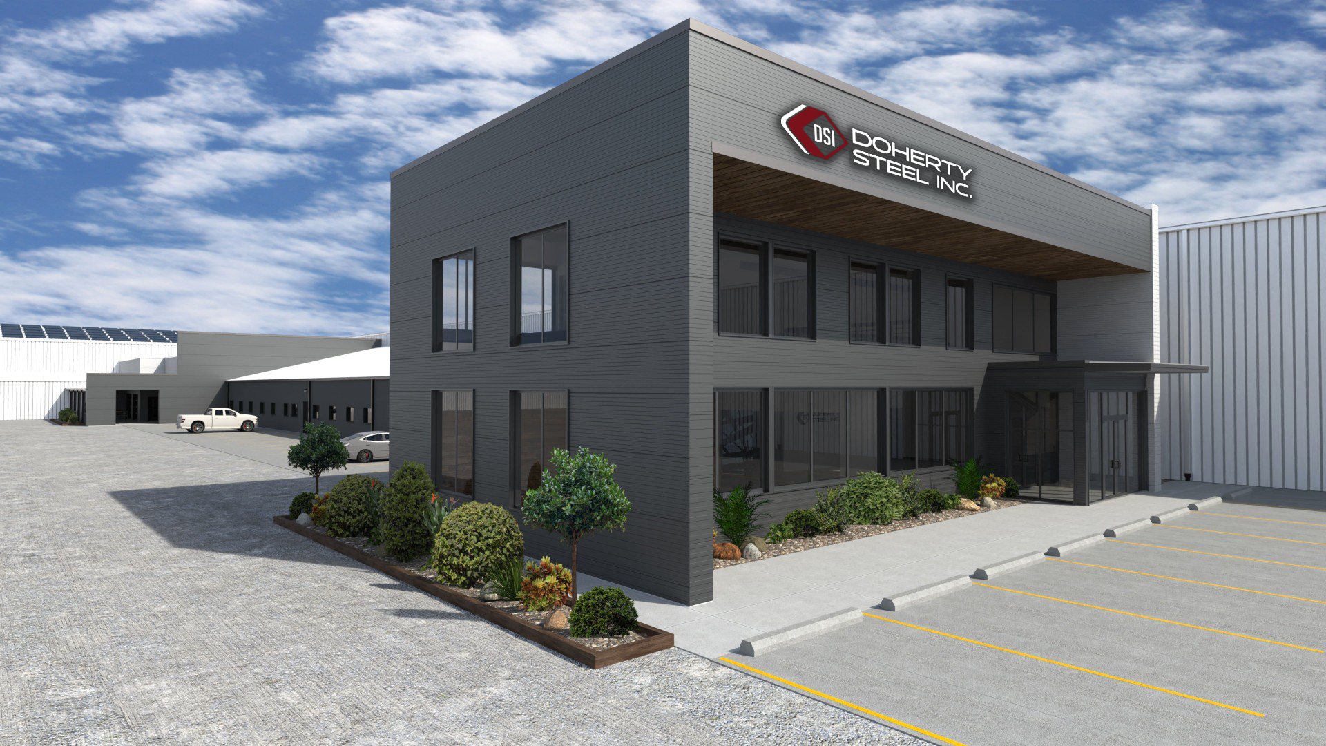 A modern commercial building with a sign that reads 'Doherty Steel Inc.' in a spacious parking lot with marked parking spaces and landscaped bushes, under a partly cloudy sky.