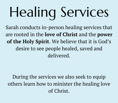 Text on a light blue background describing healing services conducted by Sarah, focusing on love of Christ and Holy Spirit, aiming to help people heal, be saved, and learn to minister love of Christ.