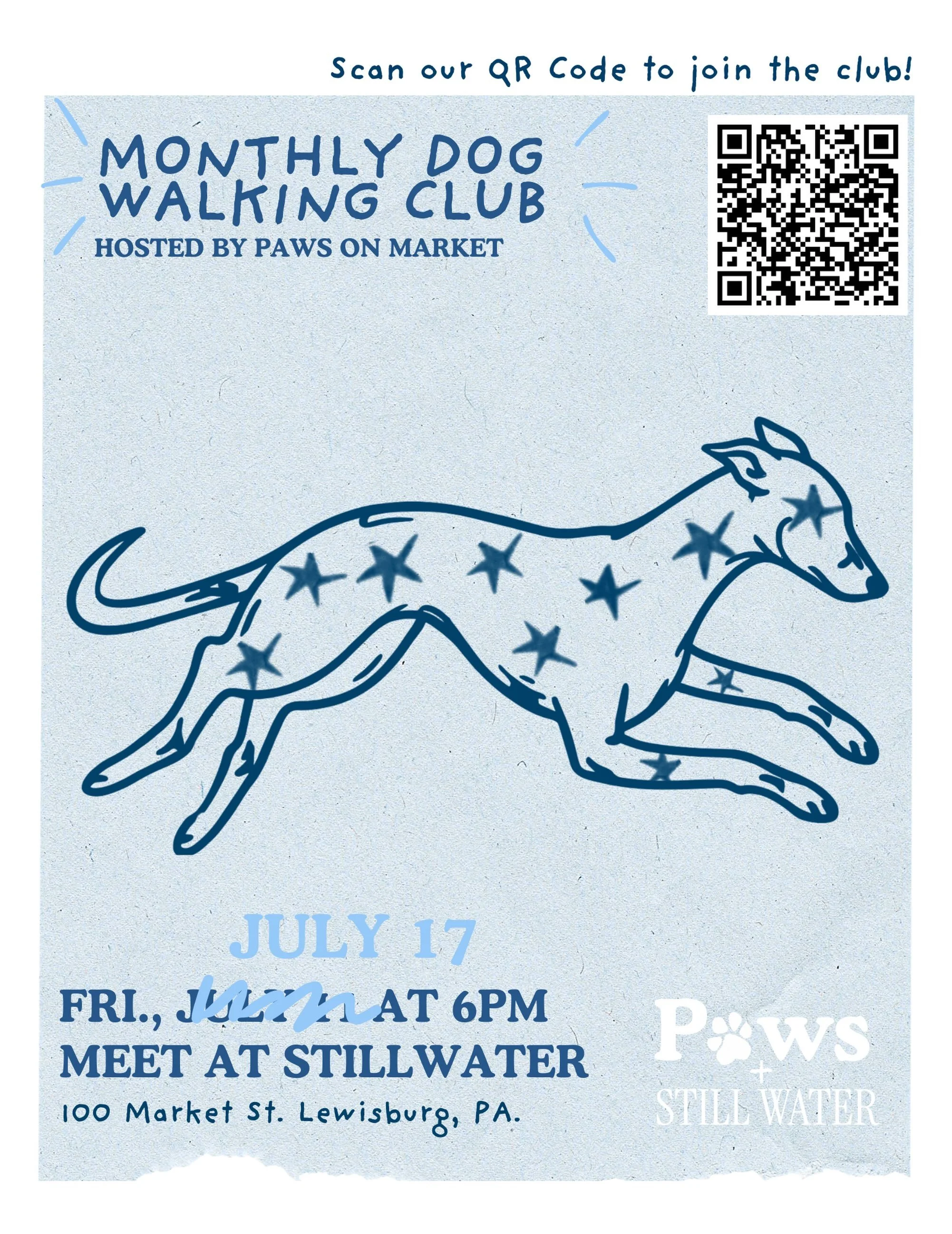 Tomorrow&rsquo;s the day! 🐾✨ 

We&rsquo;re so excited to see you and your paws at our Dog Walking Club tomorrow, July 17 at 6 PM! 

Meet us at StillWater (100 Market St.) for a relaxed evening walk, new friends, and plenty of tail wags. Whether it&r