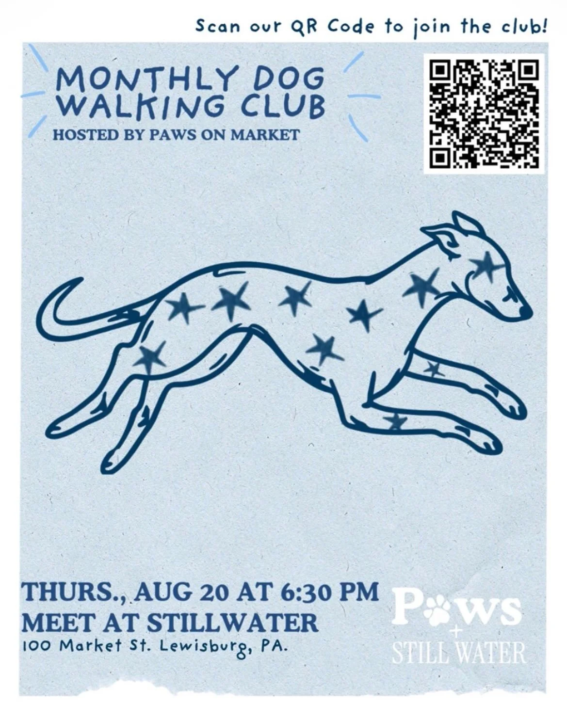 The next Dog Walking Club is almost here!🦴🐾
Join us Thursday, August 20 at 6:30 PM for an evening walk with the pups. We&rsquo;ll meet at StillWater, 100 Market St., then head out for a relaxed stroll around town.
We&rsquo;re also giving our walkin