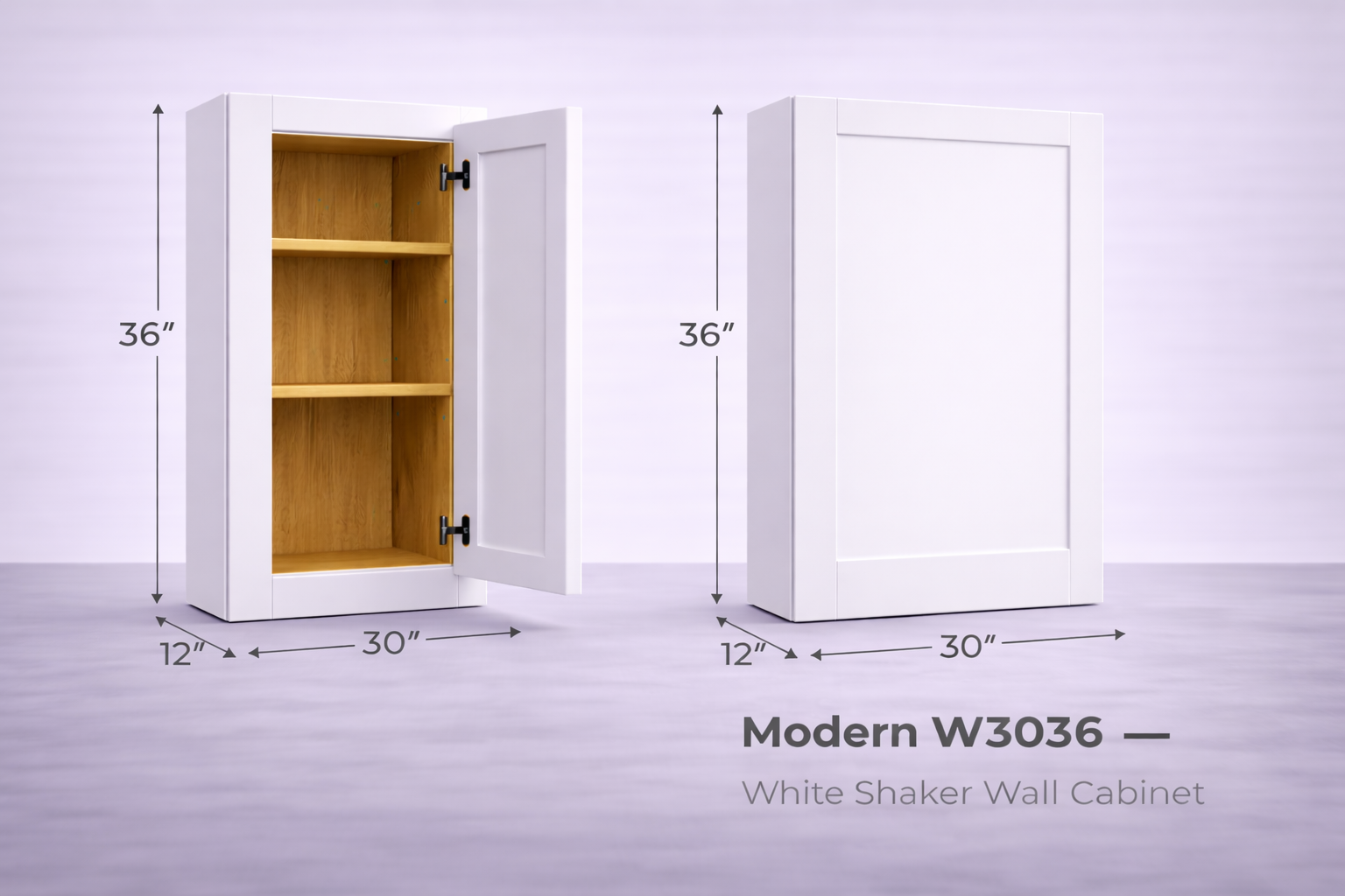 White Shaker RTA Wall Cabinet - 2 doors, 3 adjustable shelves (36in tall) (W3036) - 30"W x 36"H x 12"D