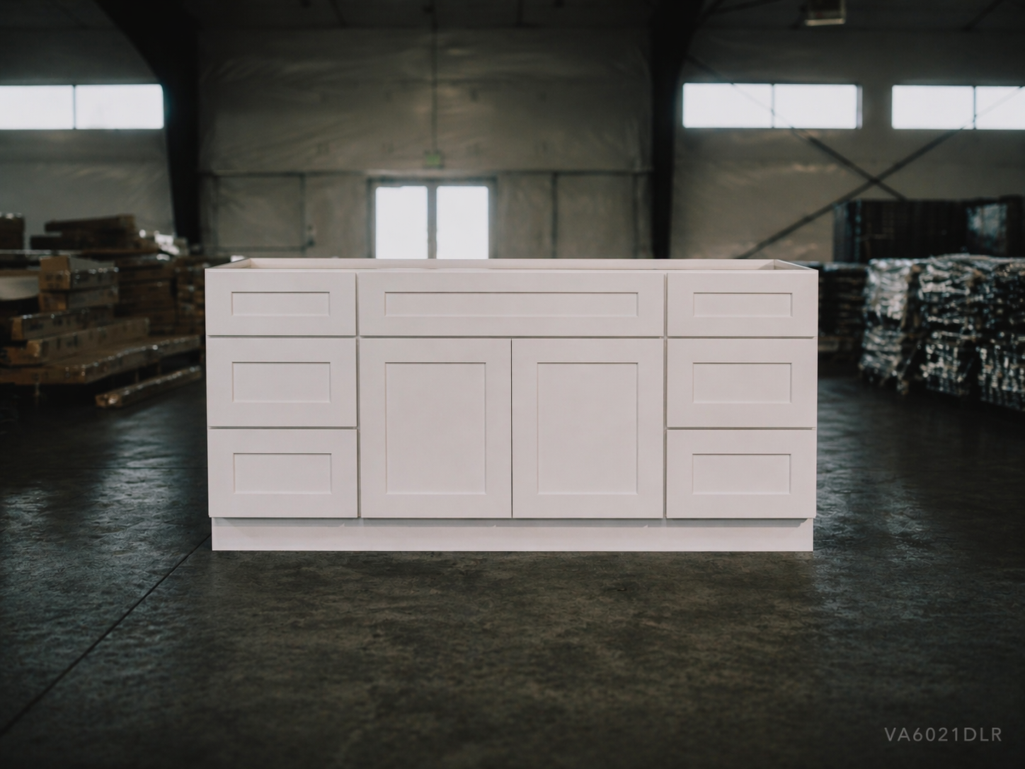 White Shaker RTA Vanity Sink Base Cabinet - 6 drawers, 2 doors, 1 dummy drawer (VA6021DLR) - 60"W x 34.5"H x 21"D
