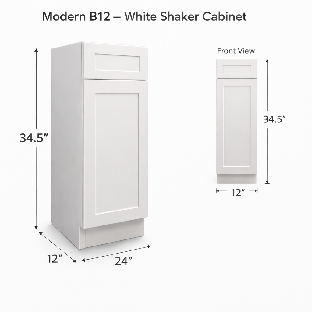 B12 White Shaker Base Cabinet – 1 Drawer, 1 Door, 1 Adjustable Shelf – 12