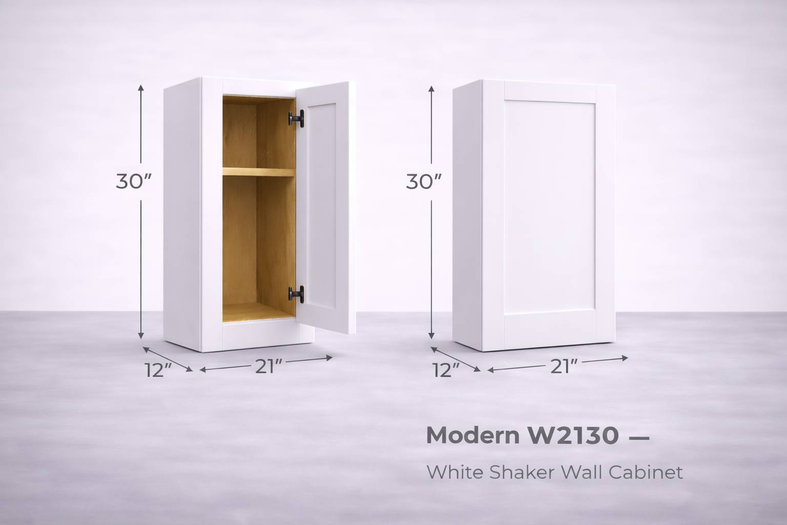 White Shaker RTA Wall Cabinet - 1 Door, 2 Adjustable Shelves (W2130) - 21"W x 30"H x 12"D