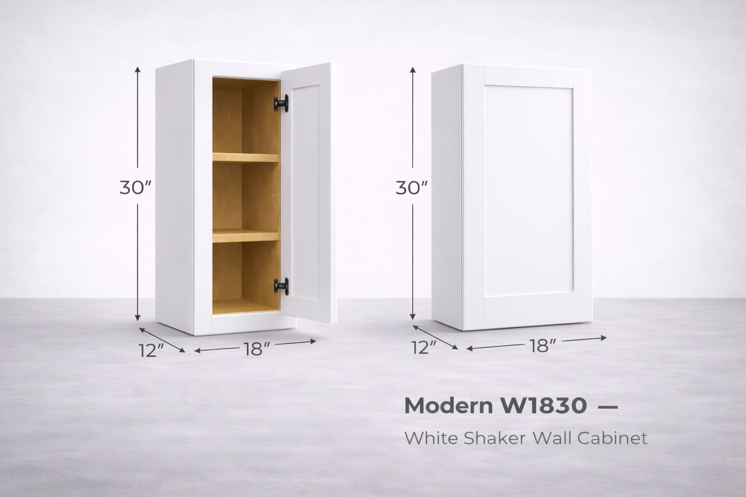 White Shaker RTA Wall Cabinet - 1 Door, 2 Adjustable Shelves (W1830) - 18"W x 30"H x 12"D
