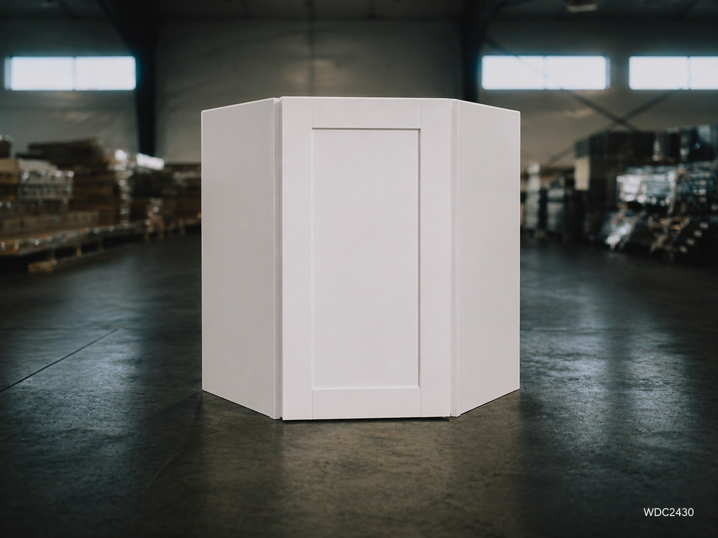 White Shaker RTA Wall Diagonal Corner - 1 door, 2 adjustable shelves (WDC2430) - 24"W x 30"H x 12"D