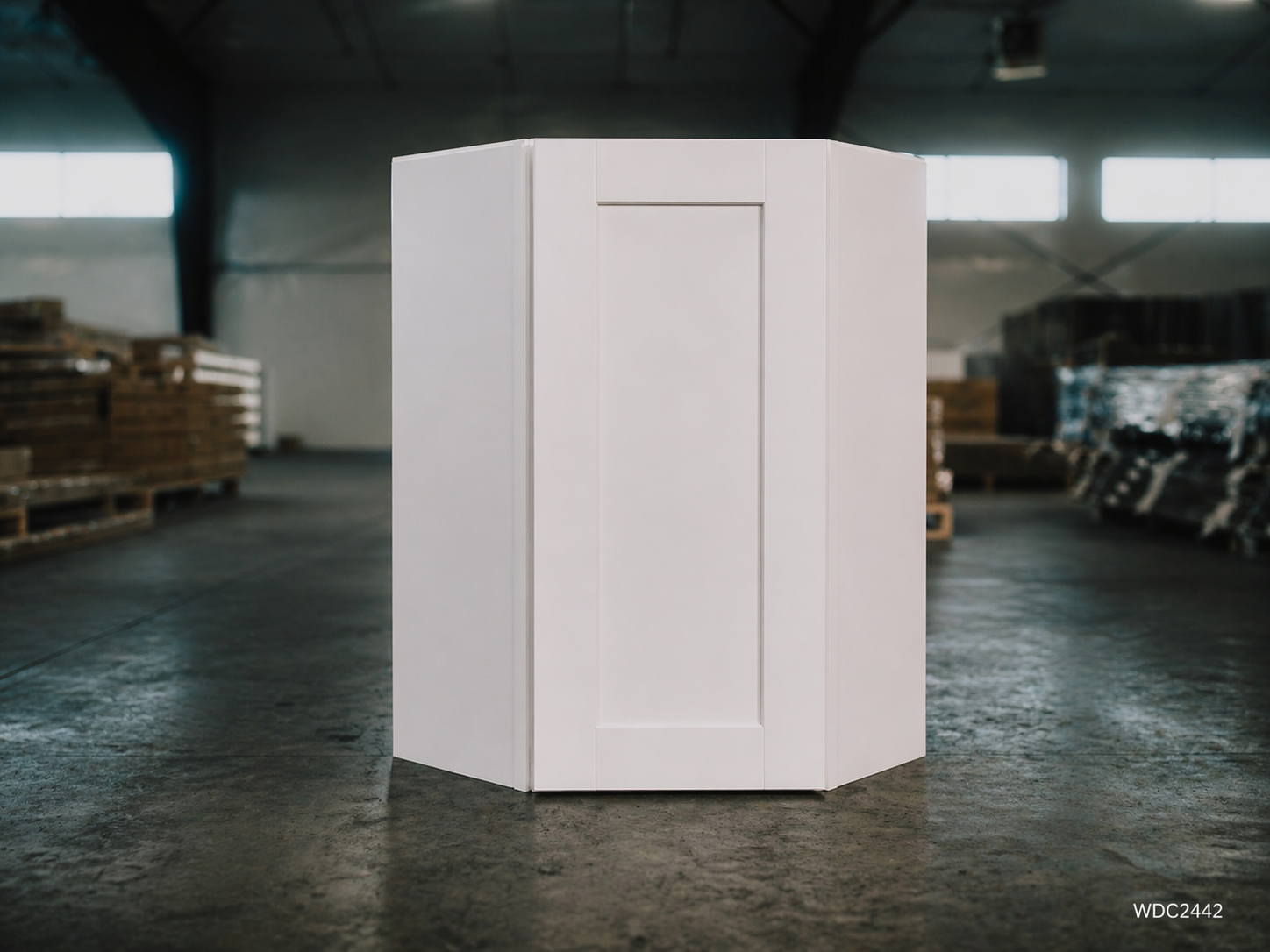 White Shaker RTA Wall Diagonal Corner - 1 door, 2 adjustable shelves (WDC2442) - 24"W x 42"H x 12"D