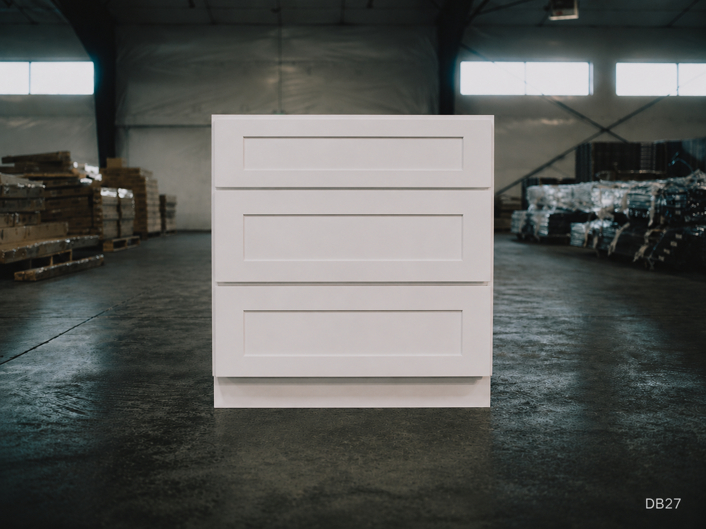 White Shaker RTA Base Drawer Cabinet - 3 Drawers (DB27) - 27"W x 34.5"H x 24"D