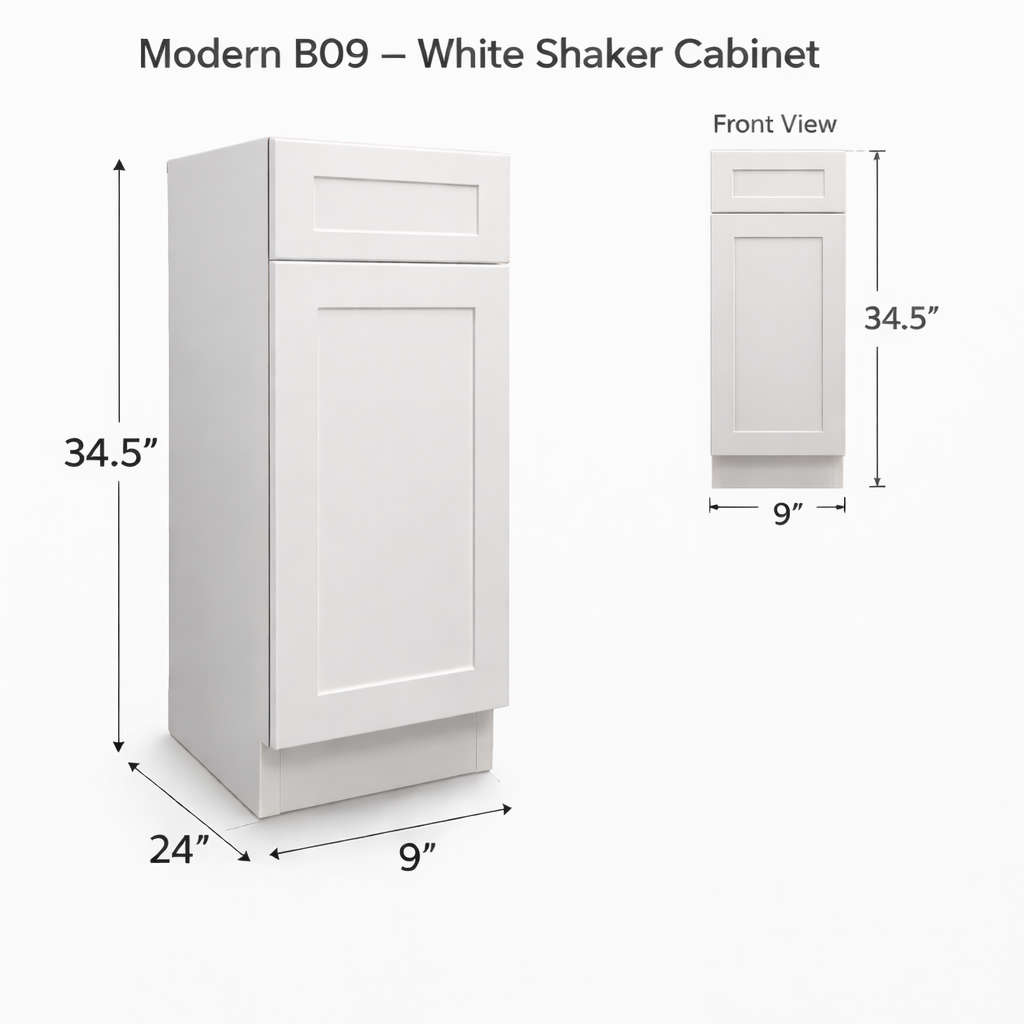 B09 White Shaker Base Cabinet – 9"W x 34.5"H x 24"D