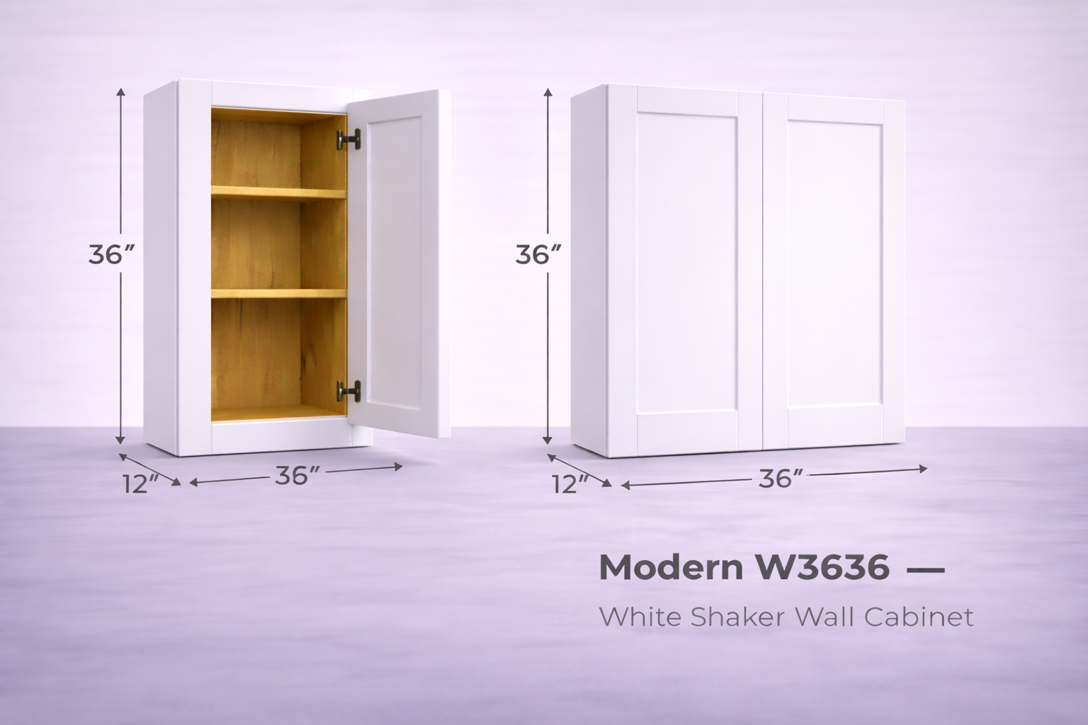 White Shaker RTA Wall Cabinet - 2 doors, 3 adjustable shelves (36in tall) (W3636) - 36"W x 36"H x 12"D