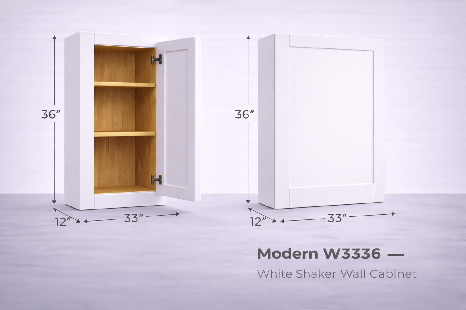 White Shaker RTA Wall Cabinet - 2 doors, 3 adjustable shelves (36in tall) (W3336) - 33"W x 36"H x 12"D