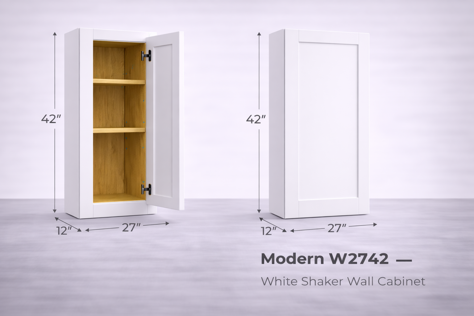 White Shaker RTA Wall Cabinet - 2 Door,3 adjustable shelves (42in tall) (W2742) - 27"W x 42"H x 12"D