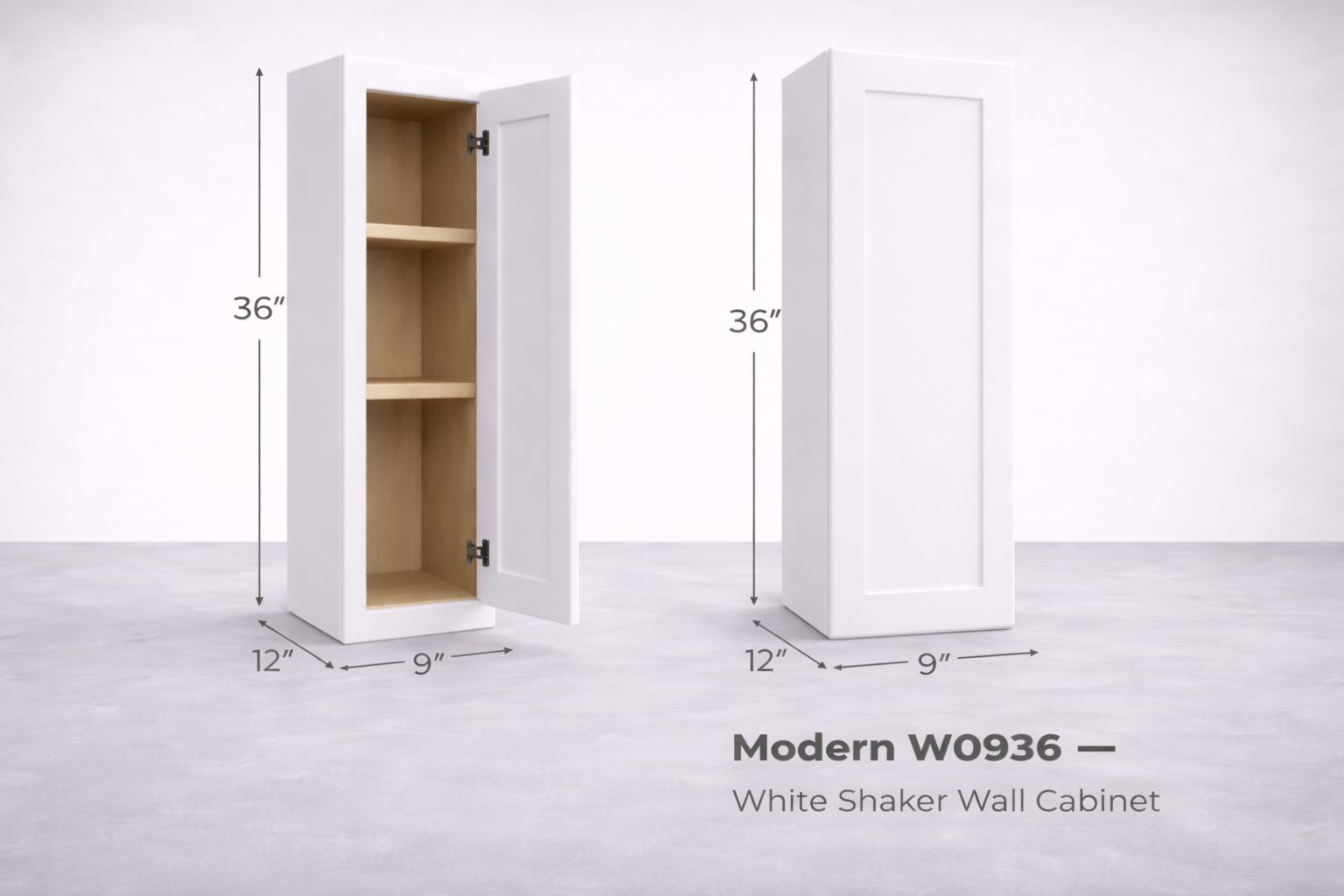 White Shaker RTA Wall Cabinet - 1 Door, 3 Adjustable shelves (36in tall) (W0936) - 9"W x 36"H x 12"D