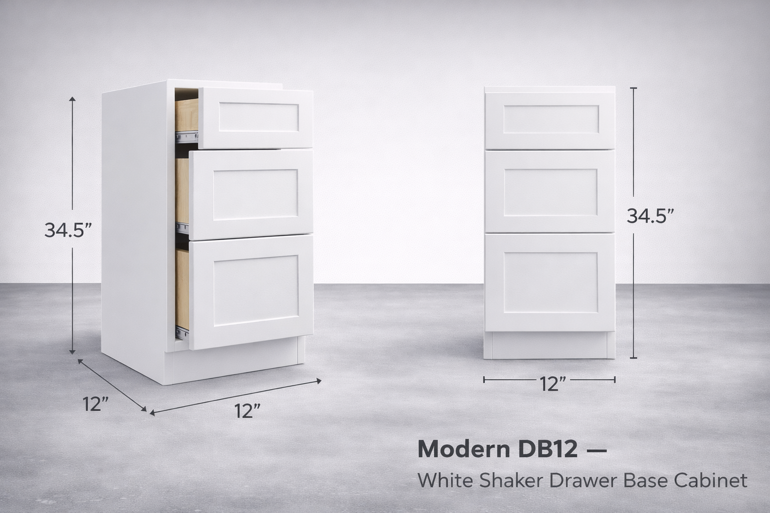 White Shaker RTA Base Drawer Cabinet - 3 Drawers (DB12) - 12"W x 34.5"H x 24"D