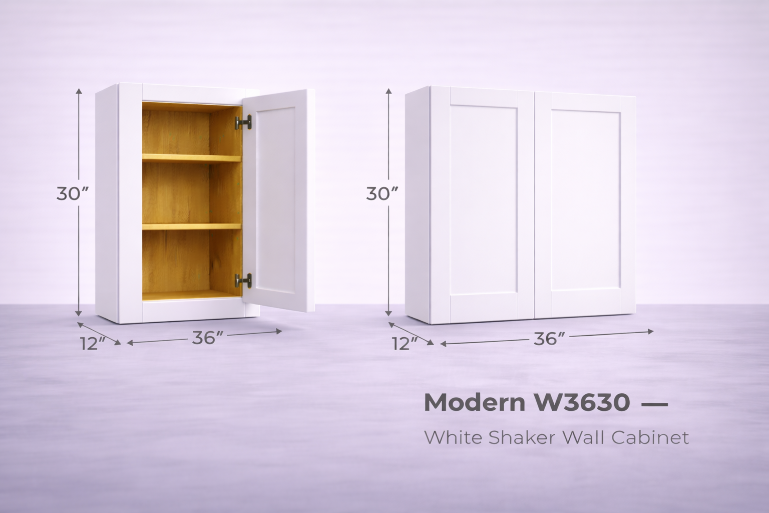 White Shaker RTA Wall Cabinet - 2 door, 2 adjustable shelves (W3630) - 36"W x 30"H x 12"D