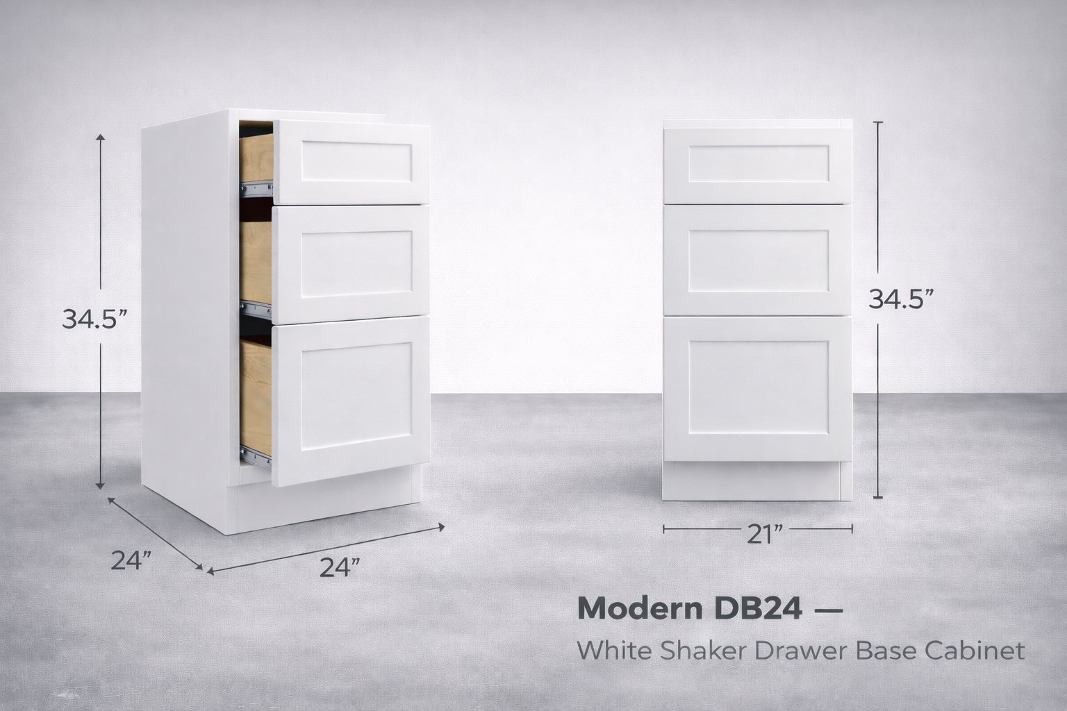 White Shaker RTA Base Drawer Cabinet - 3 Drawers (DB24) - 24"W x 34.5"H x 24"D