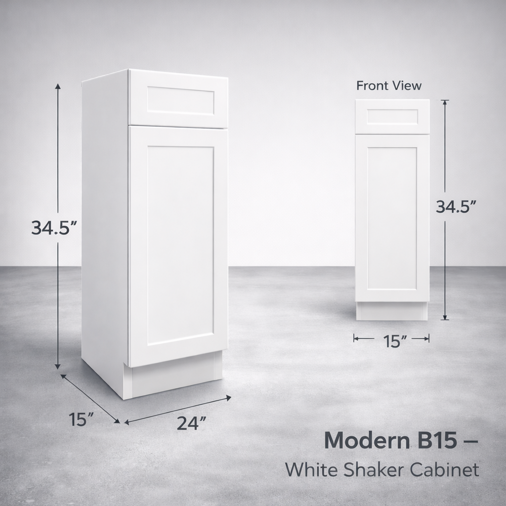White Shaker RTA Base Cabinet - 1 Drawer, 1 Door, 1 Adjustable shelf (B15) - 15"W x 34.5"H x 24"D
