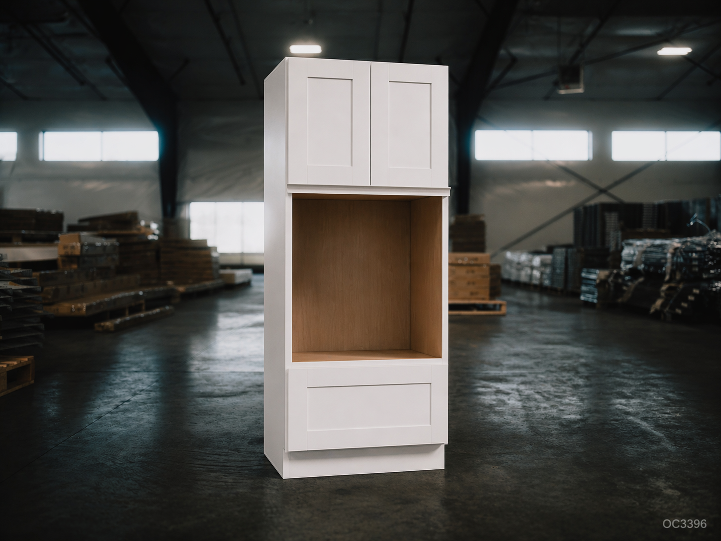 White Shaker RTA Double Oven Cabinet - 2 upper doors, 1 lower drawer (OC3396) - 33"W x 96"H x 24"D