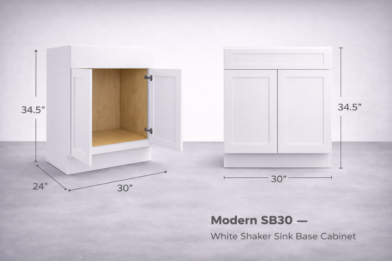White Shaker RTA Sink Base Cabinet - 2 Dummy Drawers, 2 doors (SB30) - 30"W x 34.5"H x 24"D