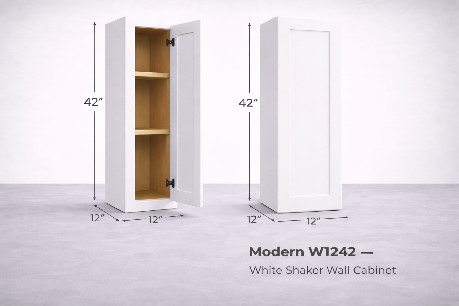 White Shaker RTA Wall Cabinet - 1 door, 3 Adjustable shelves (42in tall) (W1242) - 12"W x 42"H x 12"D
