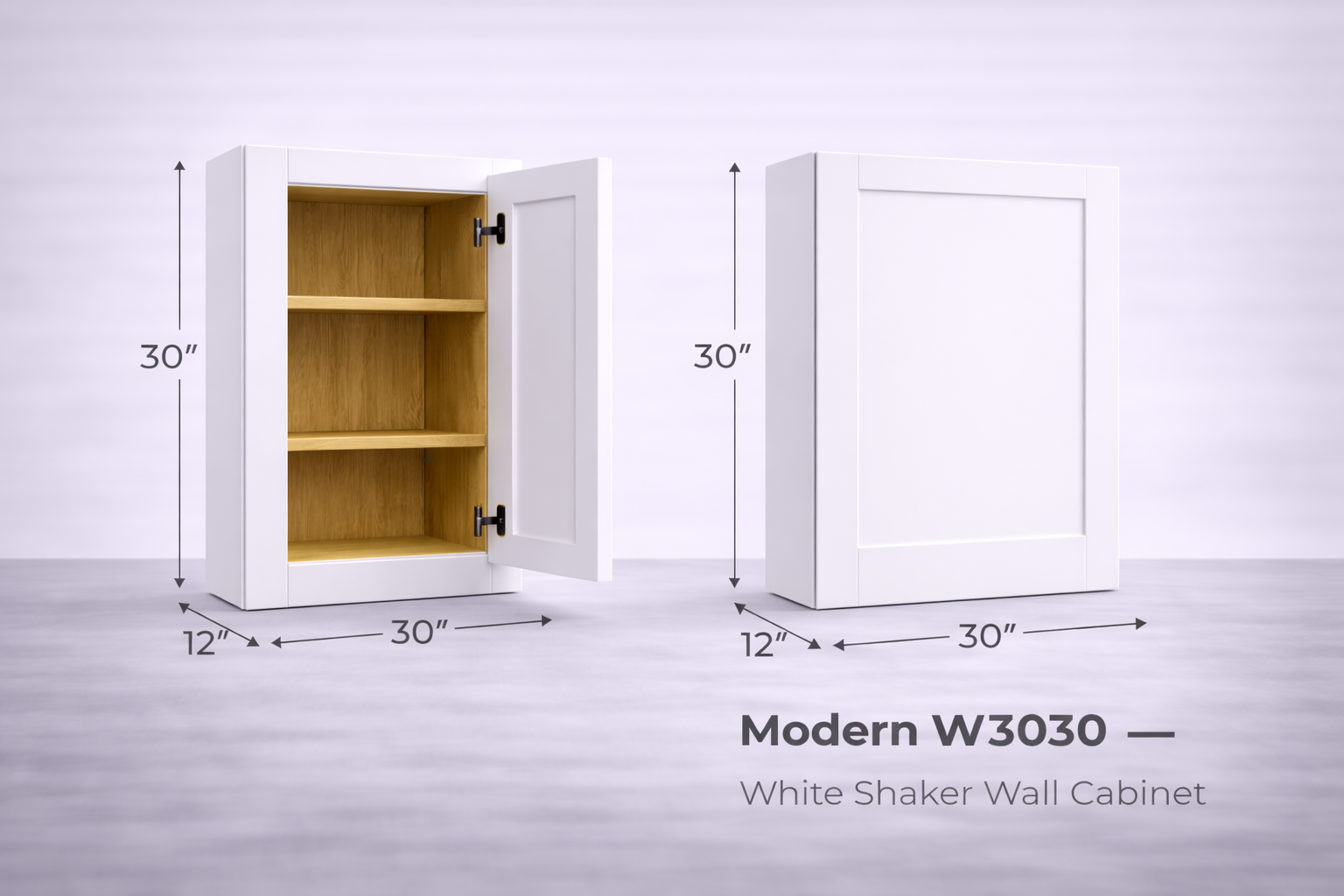 White Shaker RTA Wall Cabinet - 2 door, 2 adjustable shelves (W3030) - 30"W x 30"H x 12"D