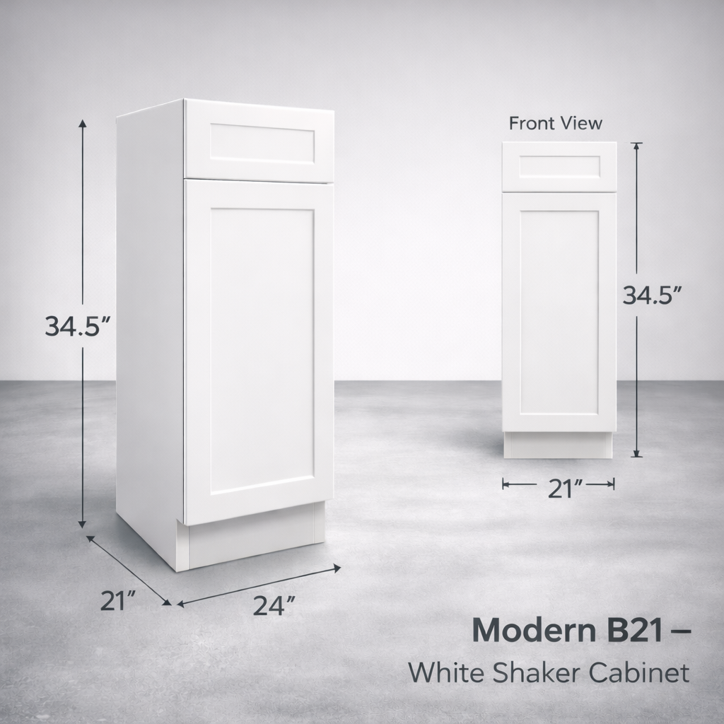 White Shaker RTA Base Cabinet - 1 Drawer, 1 Door, 1 Adjustable shelf (B21) - 21"W x 34.5"H x 24"D