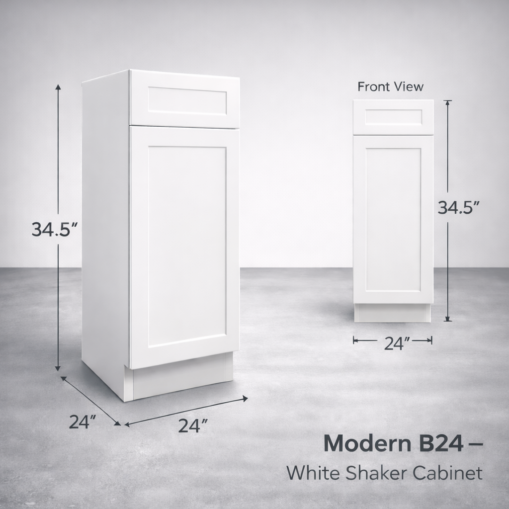 White Shaker RTA Base Cabinet - 1 Drawer, 2 Door, 1 adjustable shelf (B24) - 24"W x 34.5"H x 24"D