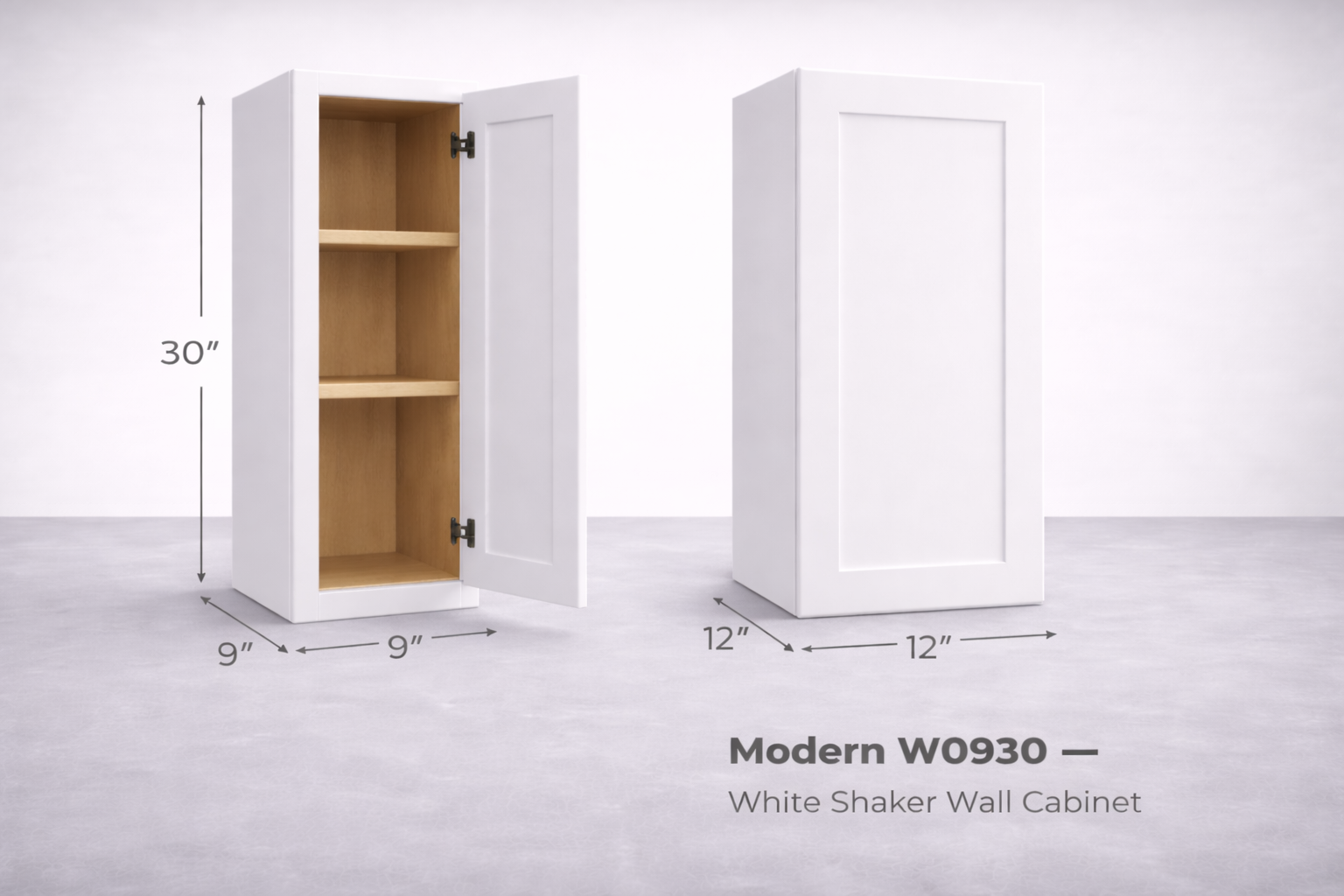 White Shaker RTA Wall Cabinet - 1 Door, 2 Adjustable Shelves (W0930) - 9"W x 30"H x 12"D