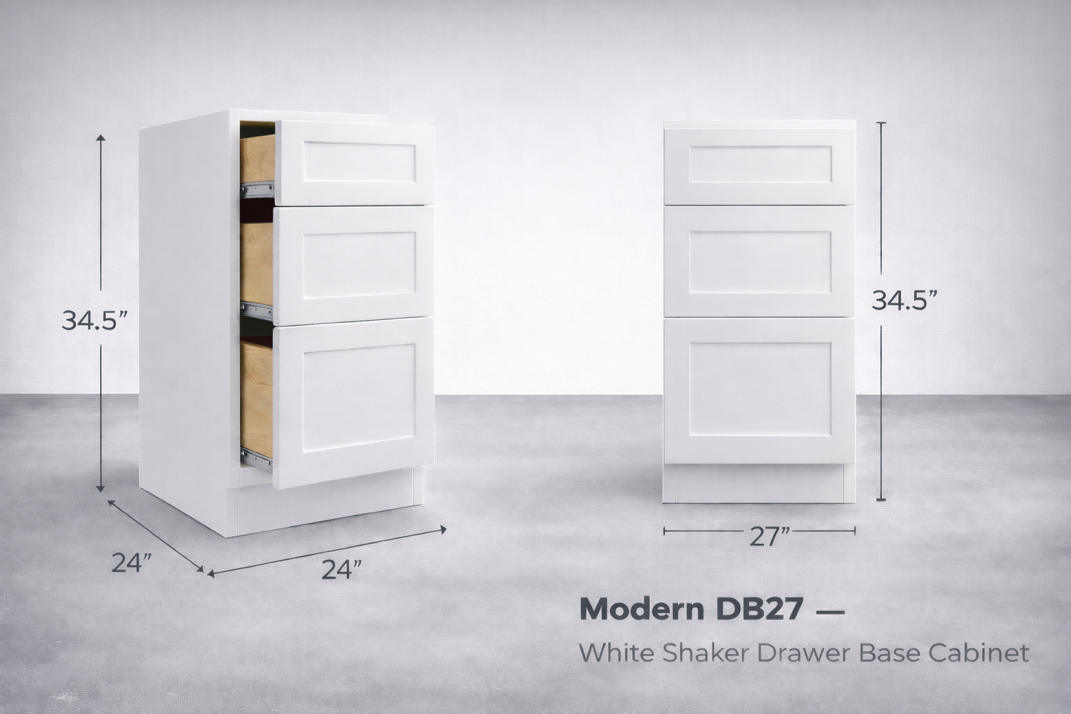 White Shaker RTA Base Drawer Cabinet - 3 Drawers (DB27) - 27"W x 34.5"H x 24"D