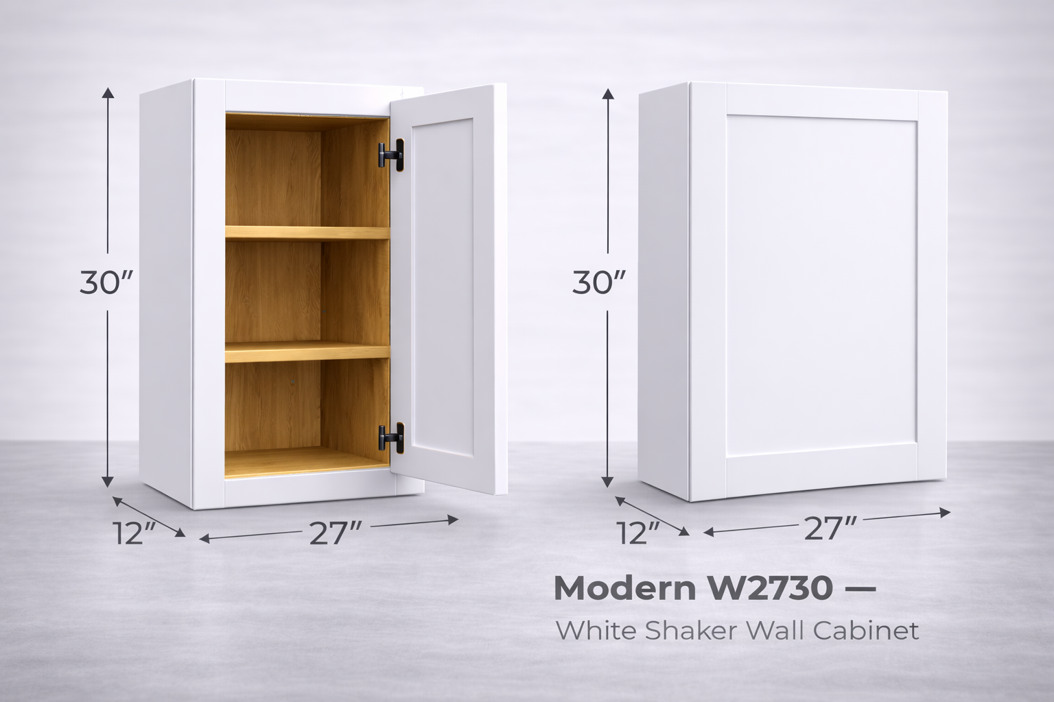White Shaker RTA Wall Cabinet - 2 door, 2 adjustable shelves (W2730) - 27"W x 30"H x 12"D