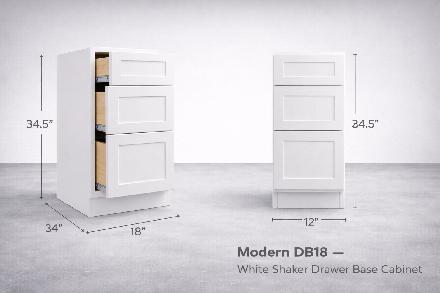 White Shaker RTA Base Drawer Cabinet - 3 Drawers (DB18) - 18"W x 34.5"H x 24"D