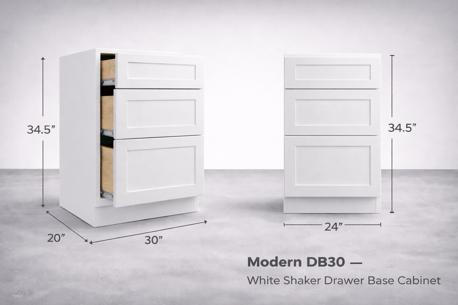 White Shaker RTA Base Drawer Cabinet - 3 Drawers (DB30) - 30"W x 34.5"H x 24"D