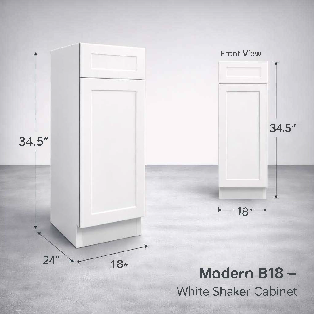 White Shaker RTA Base Cabinet - 1 Drawer, 1 Door, 1 Adjustable shelf (B18) - 18"W x 34.5"H x 24"D