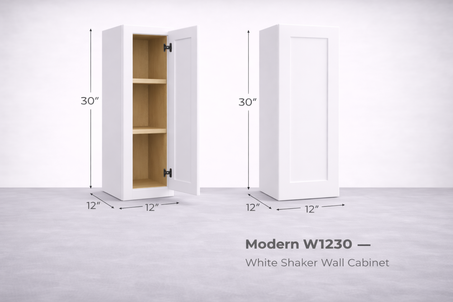 White Shaker RTA Wall Cabinet - 1 Door, 2 Adjustable Shelves (W1230) - 12"W x 30"H x 12"D