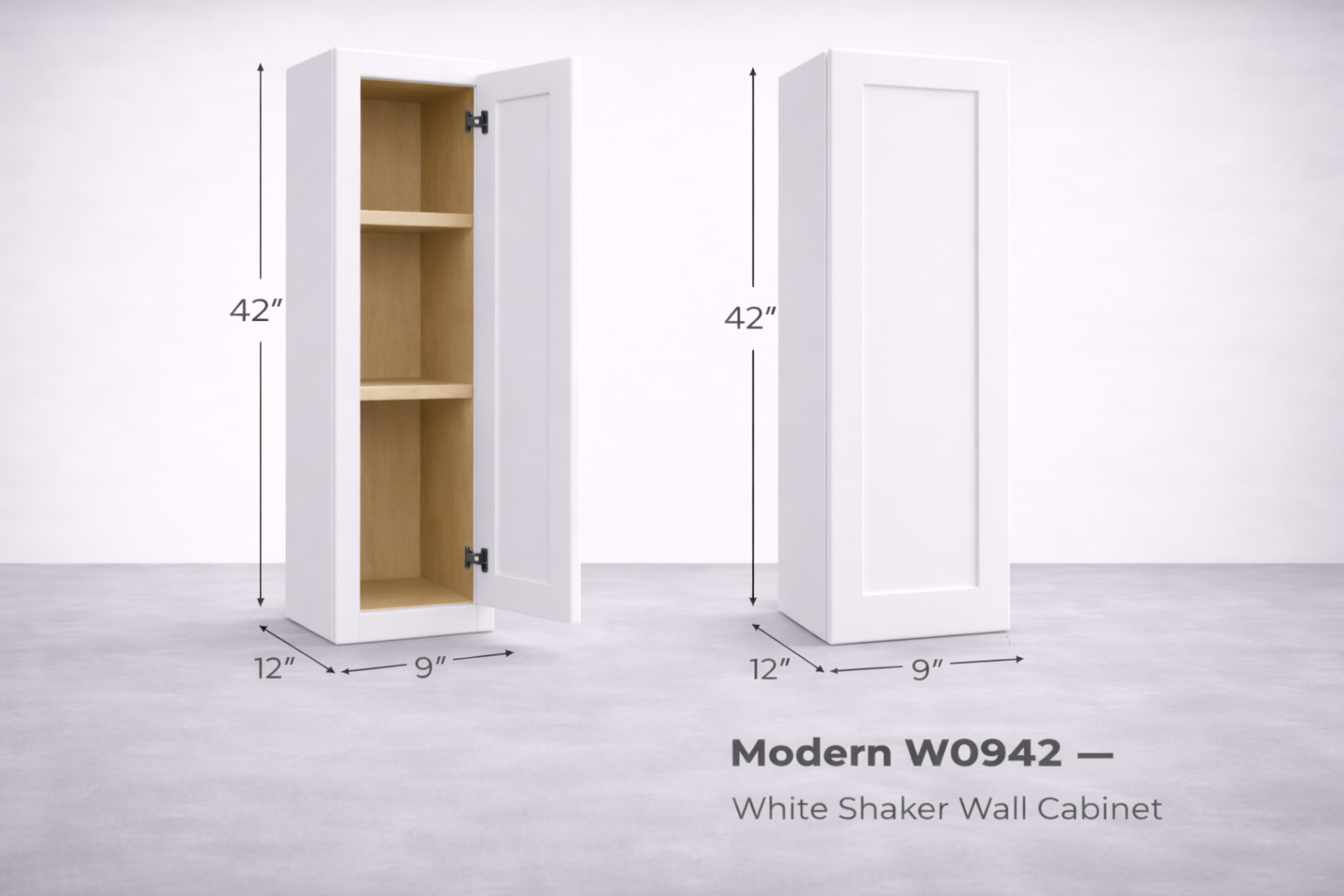 White Shaker RTA Wall Cabinet - 1 door, 3 Adjustable shelves (42in tall) (W0942) - 9"W x 42"H x 12"D
