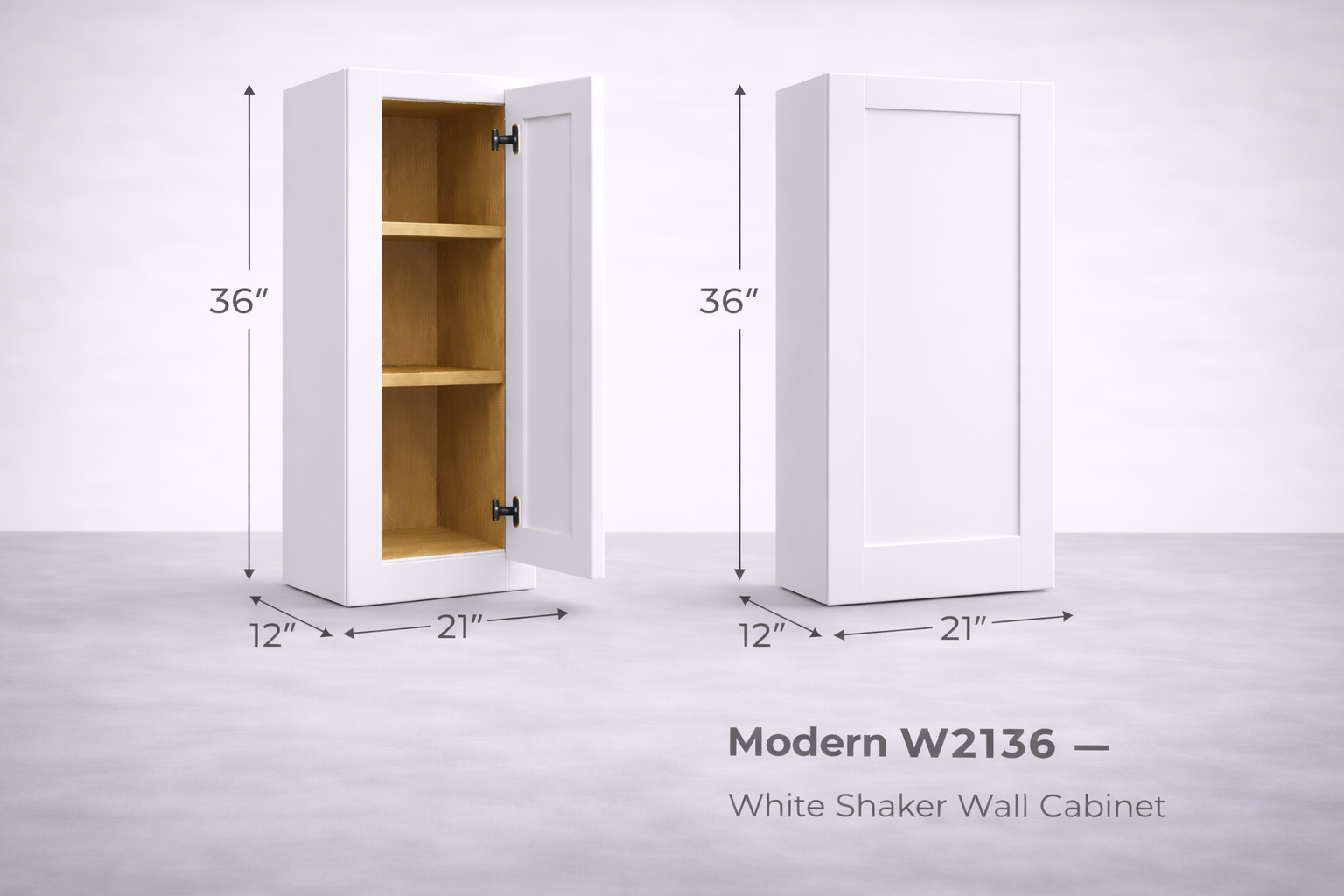 White Shaker RTA Wall Cabinet - 1 Door, 3 Adjustable shelves (36in tall) (W2136) - 21"W x 36"H x 12"D
