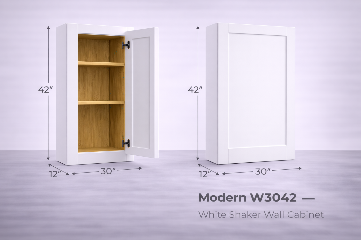 White Shaker RTA Wall Cabinet - 2 Door,3 adjustable shelves (42in tall) (W3042) - 30"W x 42"H x 12"D