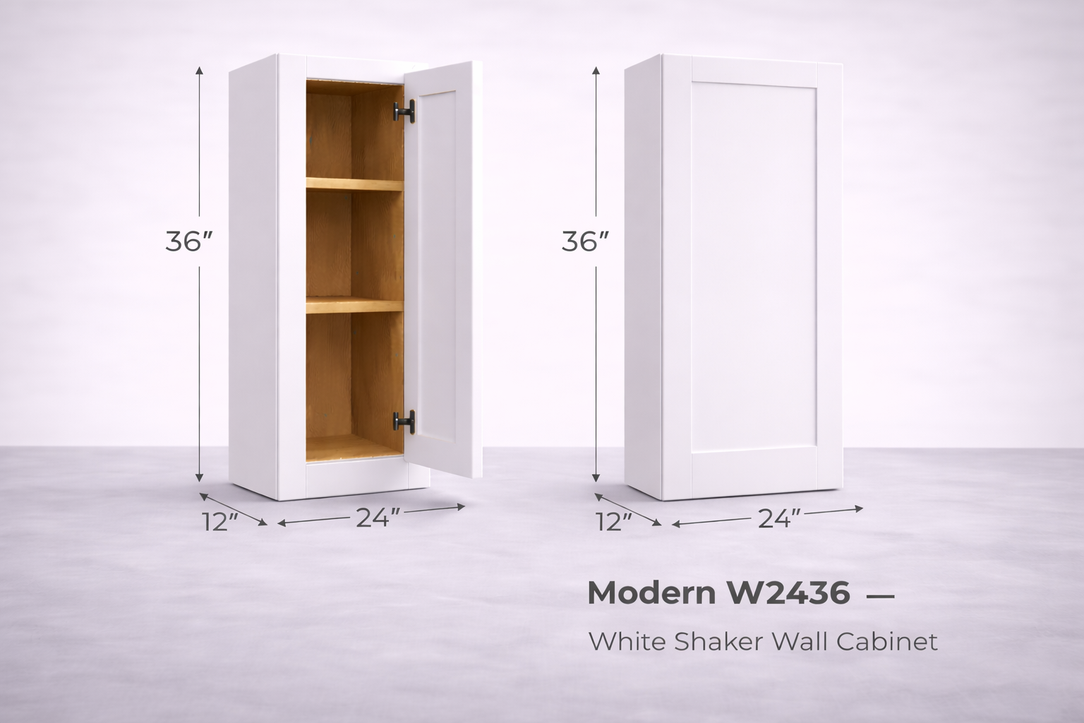 White Shaker RTA Wall Cabinet - 2 doors, 3 adjustable shelves (36in tall) (W2436) - 24"W x 36"H x 12"D