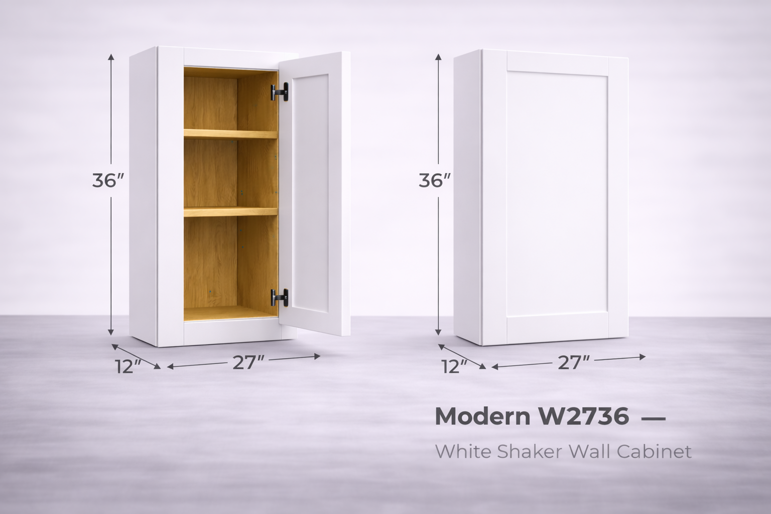 White Shaker RTA Wall Cabinet - 2 doors, 3 adjustable shelves (36in tall) (W2736) - 27"W x 36"H x 12"D