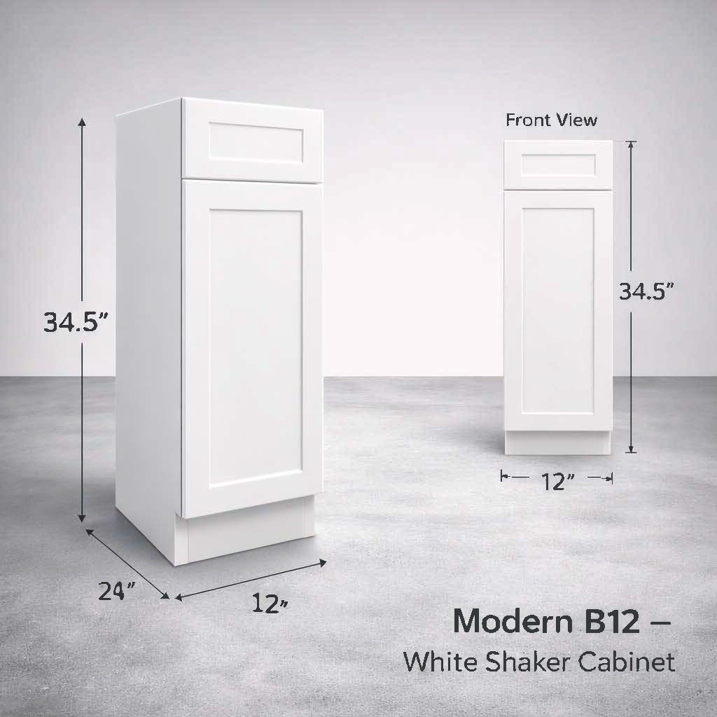 White Shaker RTA Base Cabinet - 1 Drawer, 1 Door, 1 Adjustable shelf (B12) - 12"W x 34.5"H x 24"D