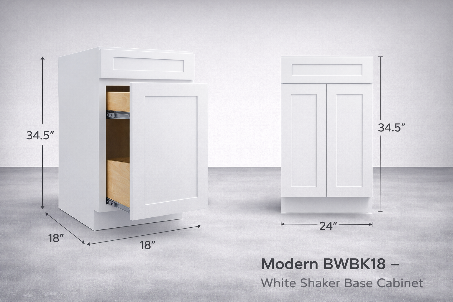 White Shaker RTA Waste Basket Cabinet - 1 Drawer, 1 Pull out door (BWBK18) - 18"W x 34.5"H x 24"D