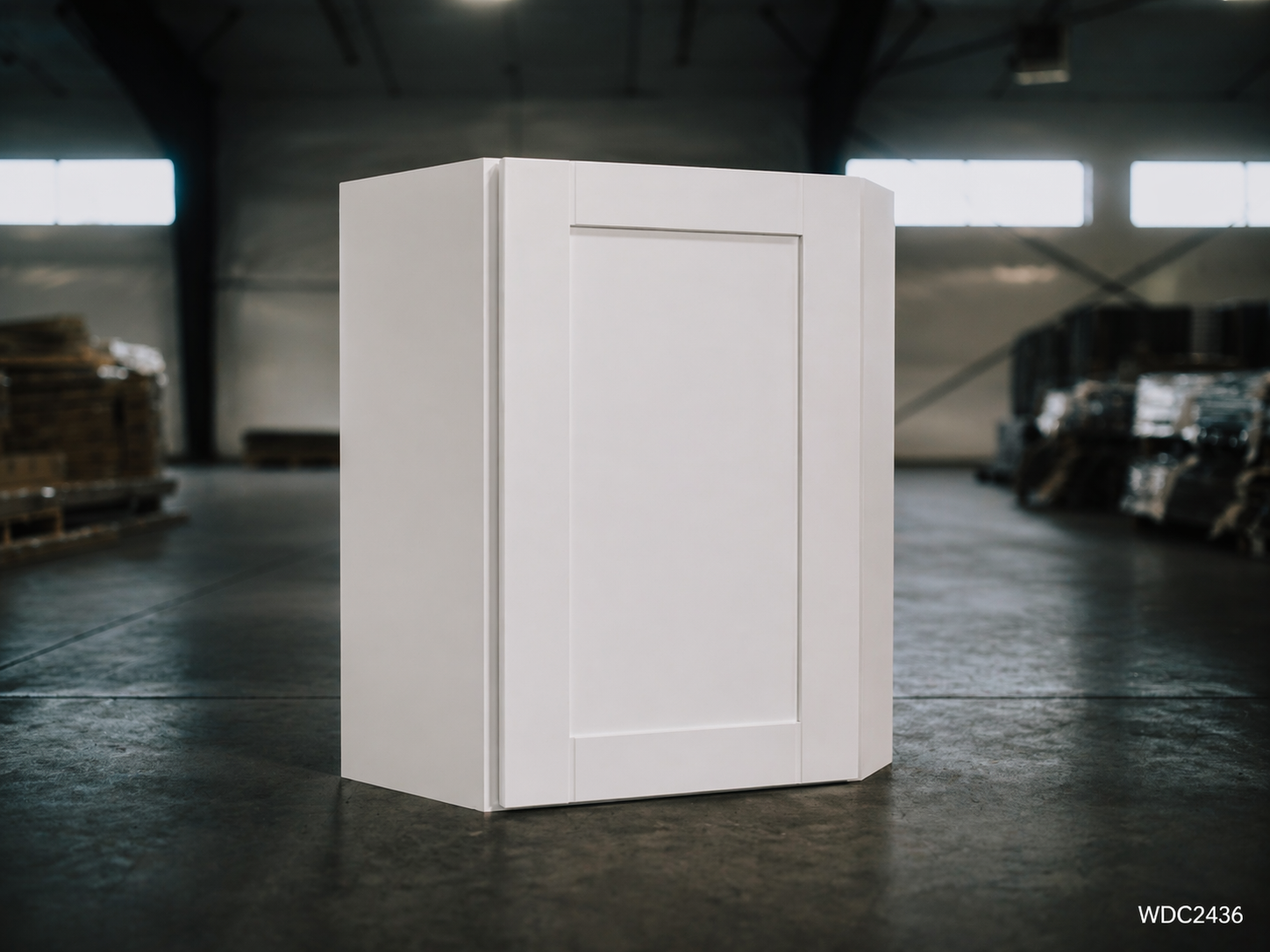 White Shaker RTA Wall Diagonal Corner - 1 door, 2 adjustable shelves (WDC2436) - 24"W x 36"H x 12"D